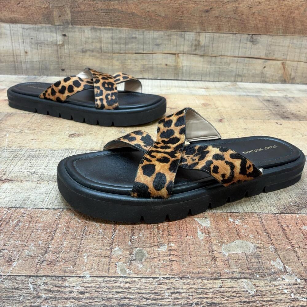 Stuart Weitzman Sandals Womens Size 9.5 40 Brown Leopard Fur Slide Comfort Shoes